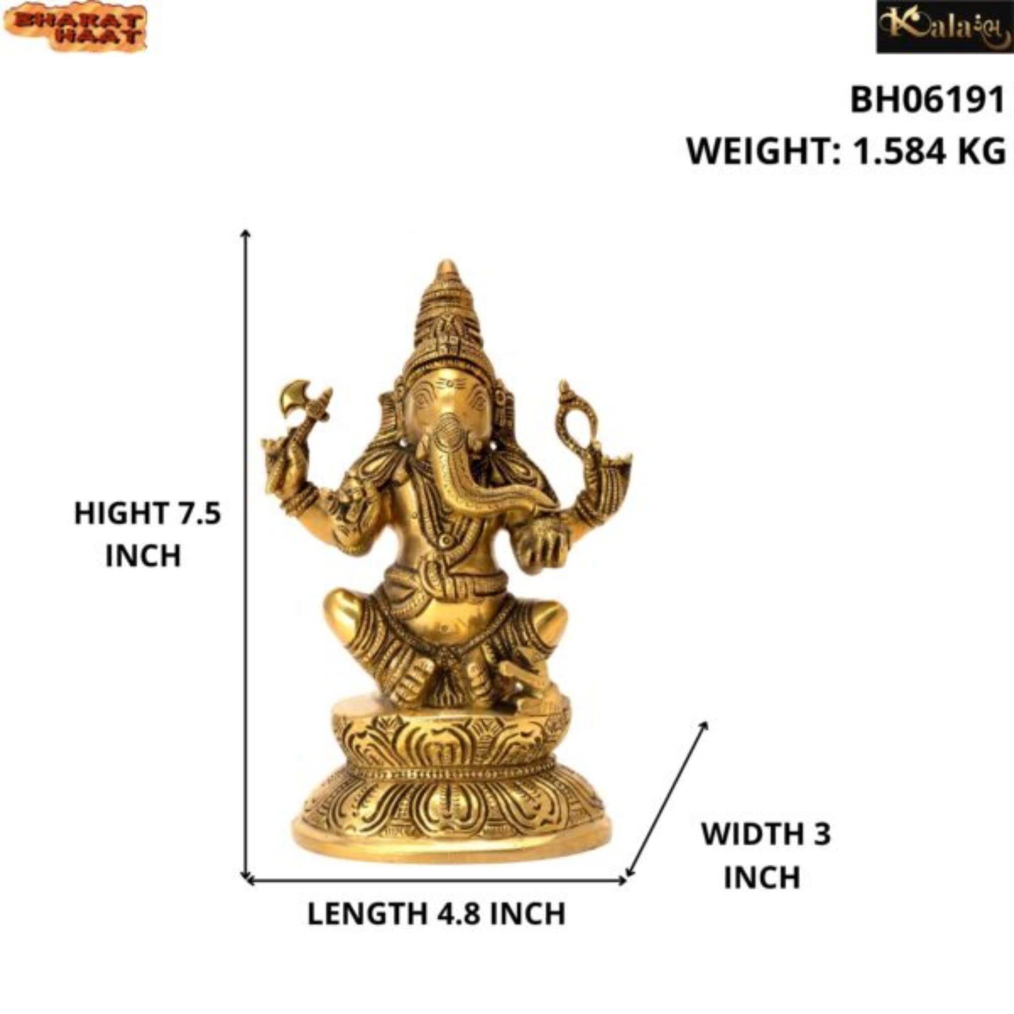 Kalarambh Brass Ganesha/Ganesh/Ganpati Idol Murti Statue For Home Pooja Puja Mandir Decor Collectible Handicraft Art, Yellow, 4.